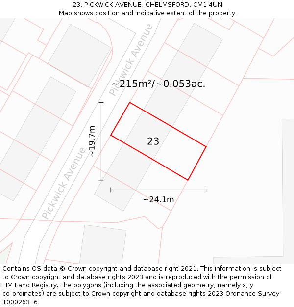 23, PICKWICK AVENUE, CHELMSFORD, CM1 4UN: Plot and title map