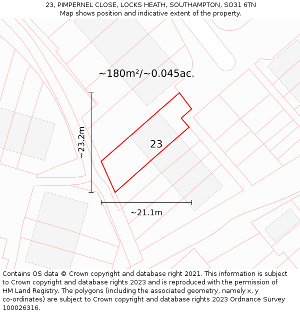 23, PIMPERNEL CLOSE, LOCKS HEATH, SOUTHAMPTON, SO31 6TN: Plot and title map