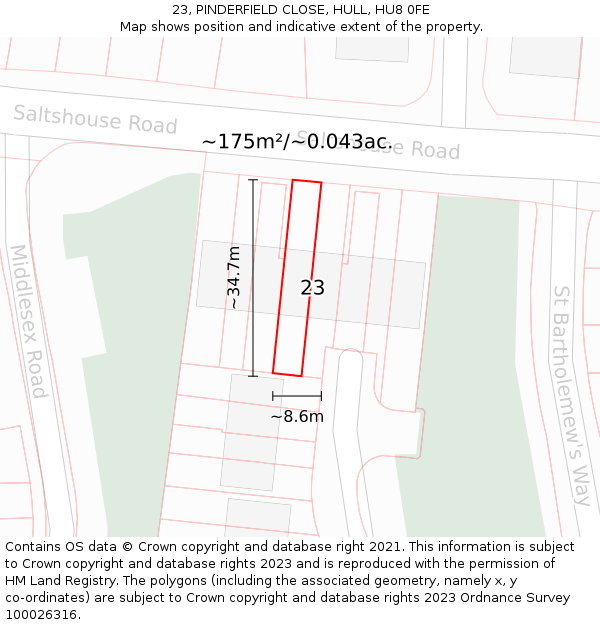 23, PINDERFIELD CLOSE, HULL, HU8 0FE: Plot and title map