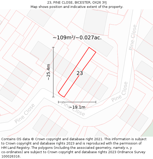 23, PINE CLOSE, BICESTER, OX26 3YJ: Plot and title map