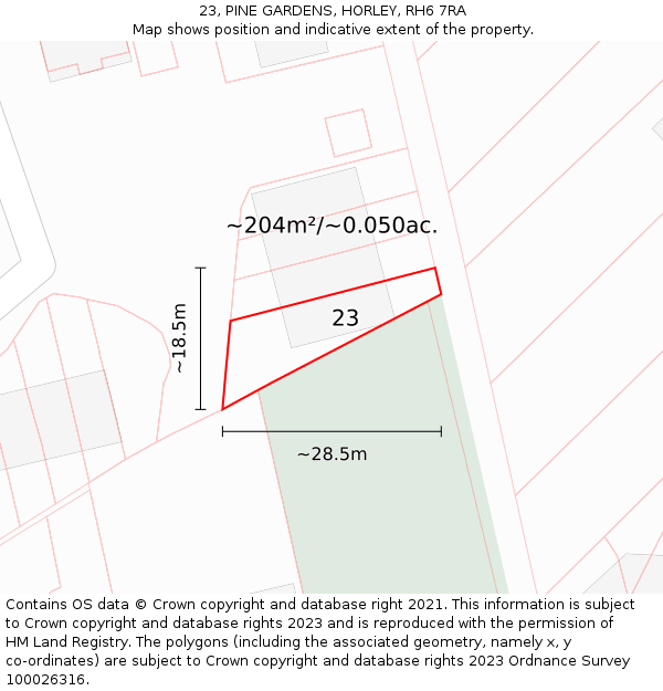 23, PINE GARDENS, HORLEY, RH6 7RA: Plot and title map