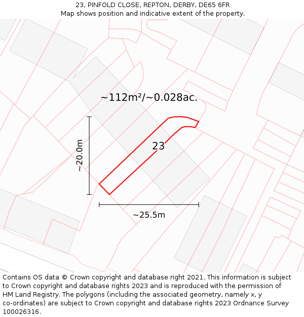 23, PINFOLD CLOSE, REPTON, DERBY, DE65 6FR: Plot and title map