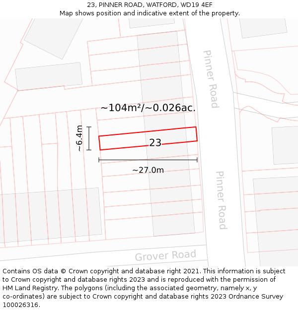 23, PINNER ROAD, WATFORD, WD19 4EF: Plot and title map
