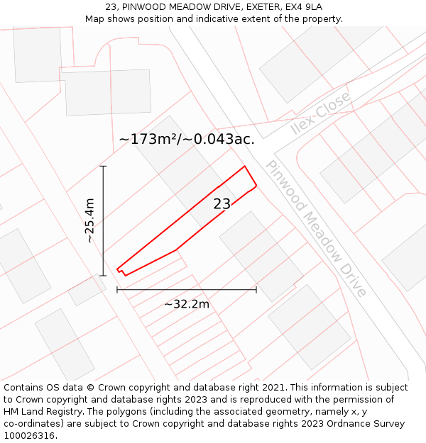 23, PINWOOD MEADOW DRIVE, EXETER, EX4 9LA: Plot and title map