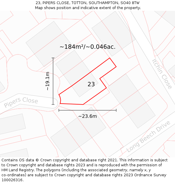 23, PIPERS CLOSE, TOTTON, SOUTHAMPTON, SO40 8TW: Plot and title map