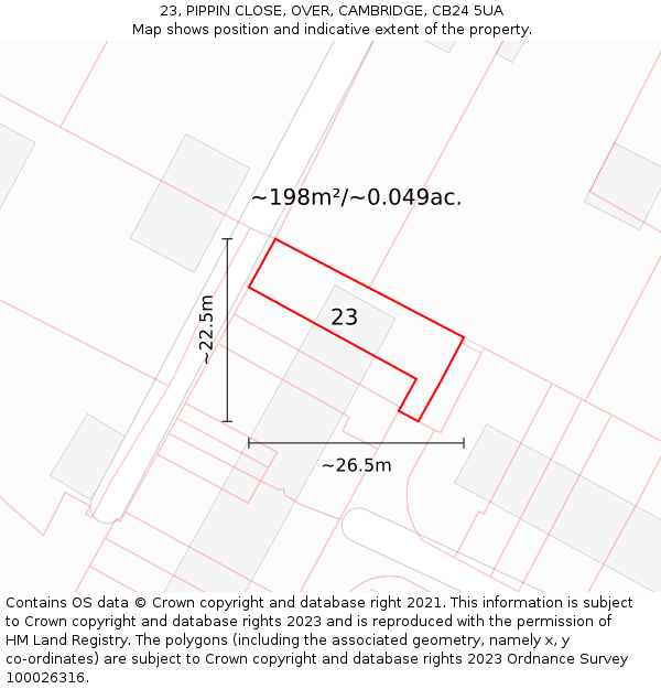 23, PIPPIN CLOSE, OVER, CAMBRIDGE, CB24 5UA: Plot and title map