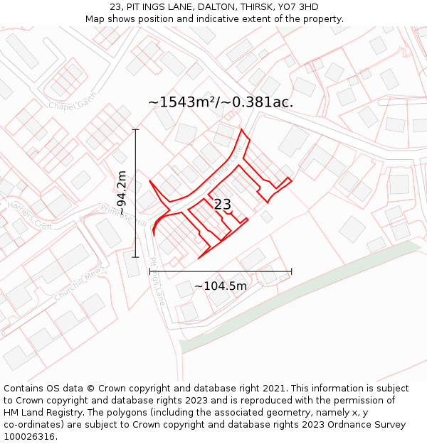 23, PIT INGS LANE, DALTON, THIRSK, YO7 3HD: Plot and title map