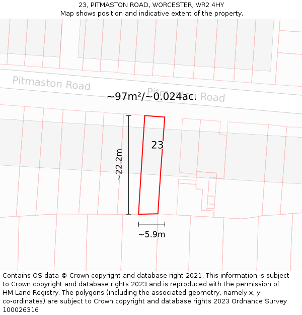 23, PITMASTON ROAD, WORCESTER, WR2 4HY: Plot and title map