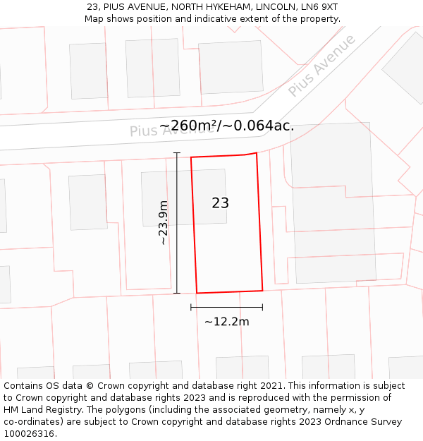 23, PIUS AVENUE, NORTH HYKEHAM, LINCOLN, LN6 9XT: Plot and title map