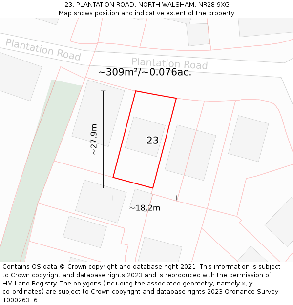 23, PLANTATION ROAD, NORTH WALSHAM, NR28 9XG: Plot and title map