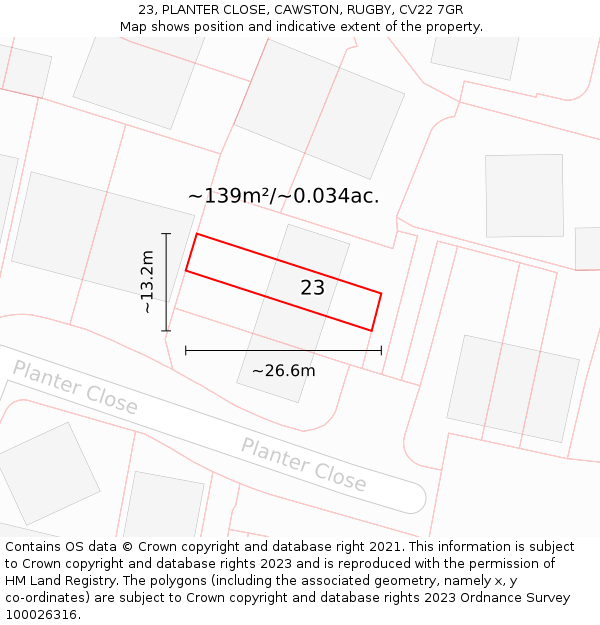 23, PLANTER CLOSE, CAWSTON, RUGBY, CV22 7GR: Plot and title map