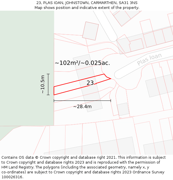 23, PLAS IOAN, JOHNSTOWN, CARMARTHEN, SA31 3NS: Plot and title map