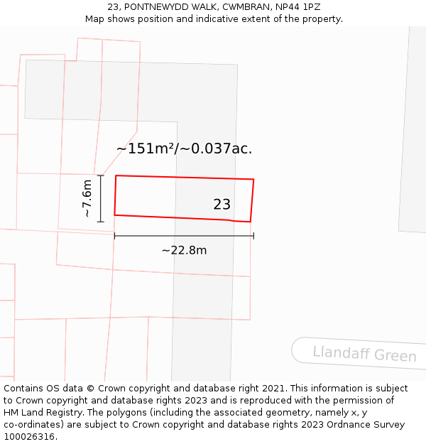 23, PONTNEWYDD WALK, CWMBRAN, NP44 1PZ: Plot and title map