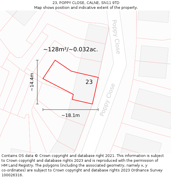 23, POPPY CLOSE, CALNE, SN11 9TD: Plot and title map