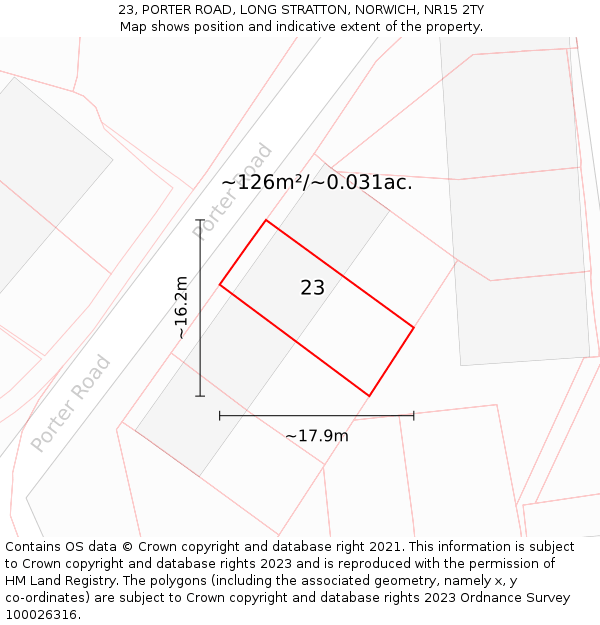 23, PORTER ROAD, LONG STRATTON, NORWICH, NR15 2TY: Plot and title map