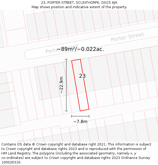 23, PORTER STREET, SCUNTHORPE, DN15 6JA: Plot and title map