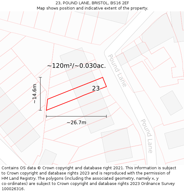 23, POUND LANE, BRISTOL, BS16 2EF: Plot and title map