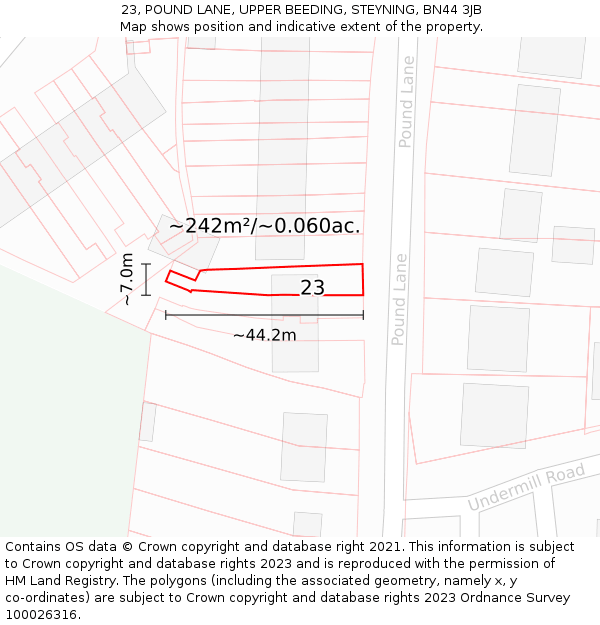23, POUND LANE, UPPER BEEDING, STEYNING, BN44 3JB: Plot and title map