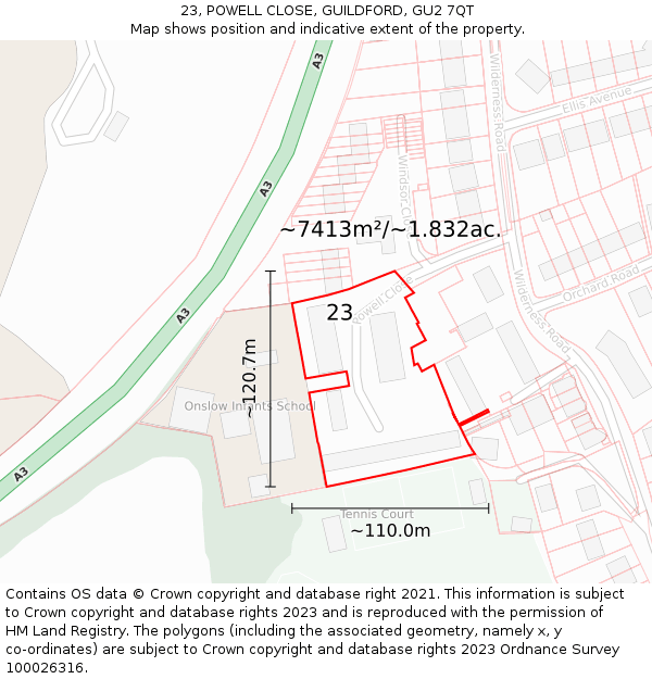 23, POWELL CLOSE, GUILDFORD, GU2 7QT: Plot and title map