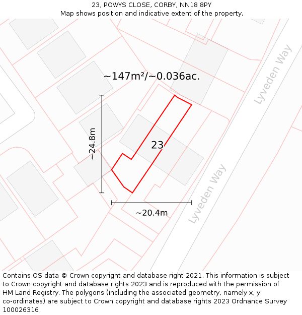 23, POWYS CLOSE, CORBY, NN18 8PY: Plot and title map