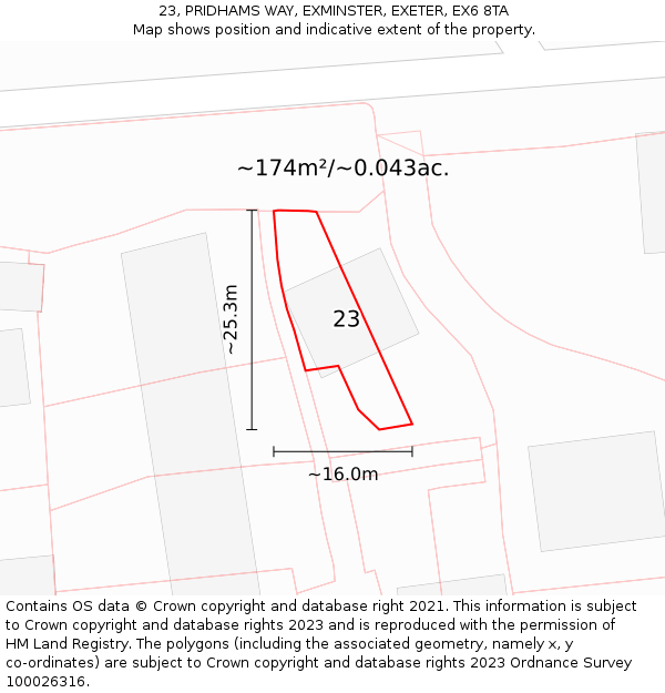 23, PRIDHAMS WAY, EXMINSTER, EXETER, EX6 8TA: Plot and title map