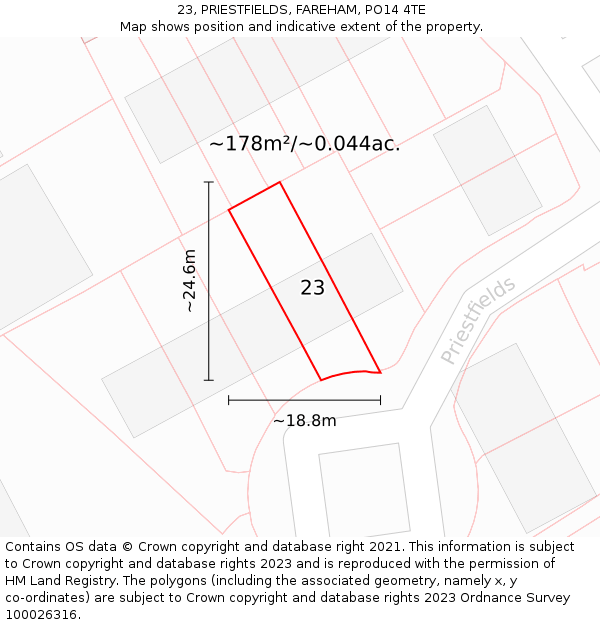 23, PRIESTFIELDS, FAREHAM, PO14 4TE: Plot and title map
