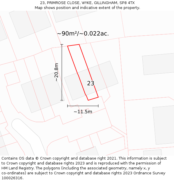 23, PRIMROSE CLOSE, WYKE, GILLINGHAM, SP8 4TX: Plot and title map
