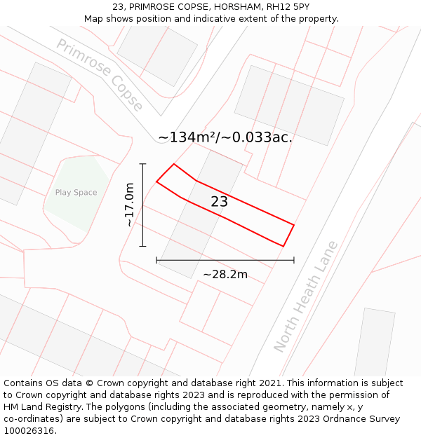 23, PRIMROSE COPSE, HORSHAM, RH12 5PY: Plot and title map