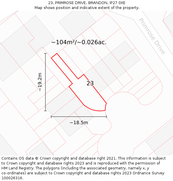 23, PRIMROSE DRIVE, BRANDON, IP27 0XE: Plot and title map