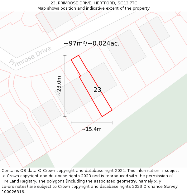 23, PRIMROSE DRIVE, HERTFORD, SG13 7TG: Plot and title map