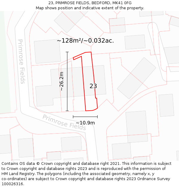 23, PRIMROSE FIELDS, BEDFORD, MK41 0FG: Plot and title map