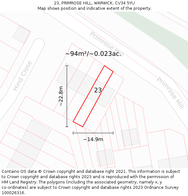 23, PRIMROSE HILL, WARWICK, CV34 5YU: Plot and title map