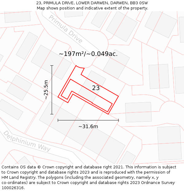 23, PRIMULA DRIVE, LOWER DARWEN, DARWEN, BB3 0SW: Plot and title map