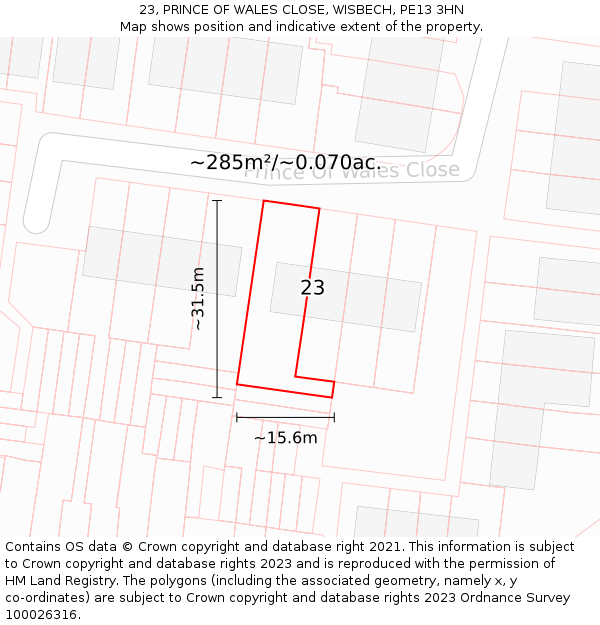 23, PRINCE OF WALES CLOSE, WISBECH, PE13 3HN: Plot and title map
