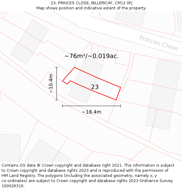 23, PRINCES CLOSE, BILLERICAY, CM12 0FJ: Plot and title map
