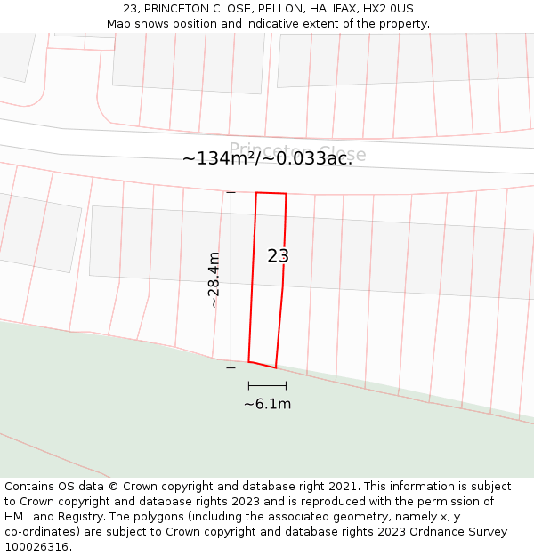 23, PRINCETON CLOSE, PELLON, HALIFAX, HX2 0US: Plot and title map