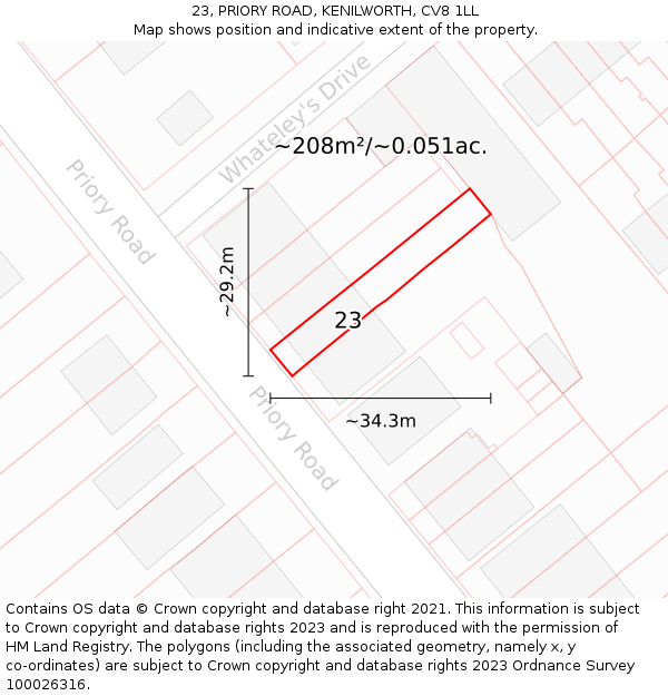 23, PRIORY ROAD, KENILWORTH, CV8 1LL: Plot and title map