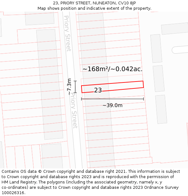 23, PRIORY STREET, NUNEATON, CV10 8JP: Plot and title map