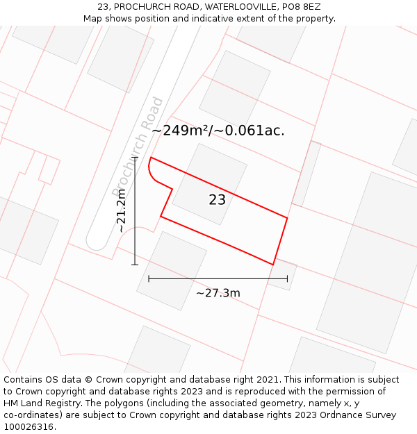 23, PROCHURCH ROAD, WATERLOOVILLE, PO8 8EZ: Plot and title map