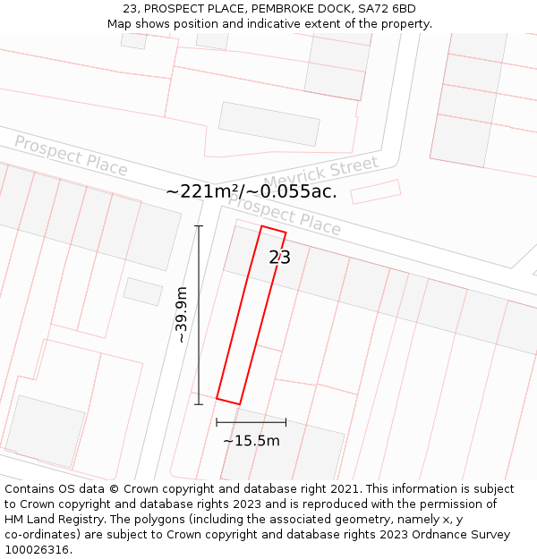 23, PROSPECT PLACE, PEMBROKE DOCK, SA72 6BD: Plot and title map