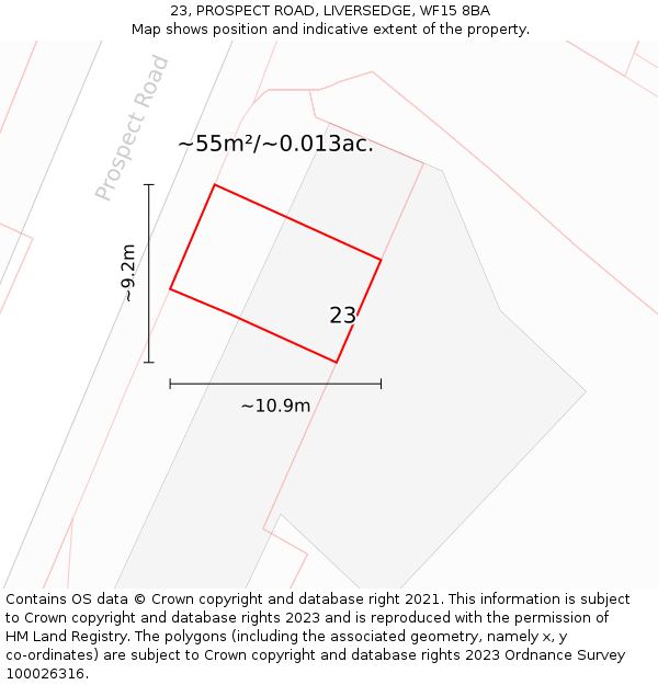 23, PROSPECT ROAD, LIVERSEDGE, WF15 8BA: Plot and title map