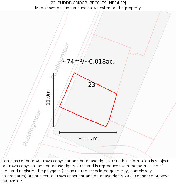 23, PUDDINGMOOR, BECCLES, NR34 9PJ: Plot and title map