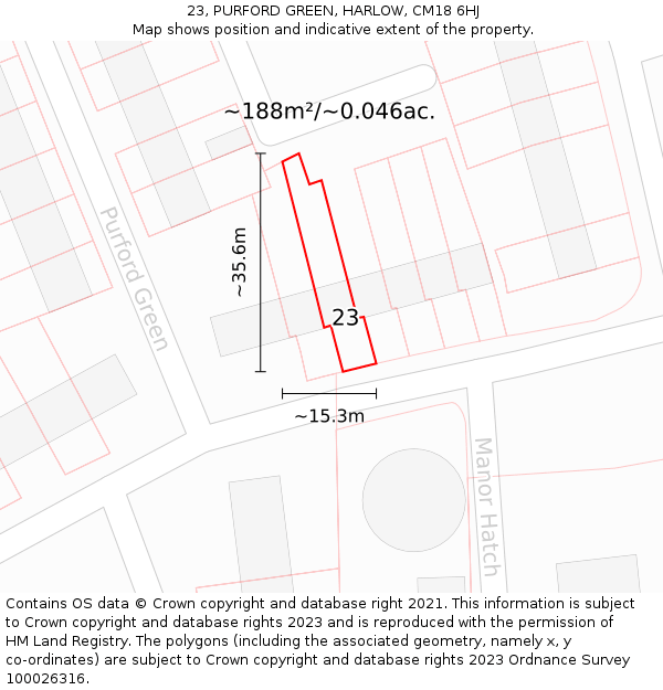 23, PURFORD GREEN, HARLOW, CM18 6HJ: Plot and title map