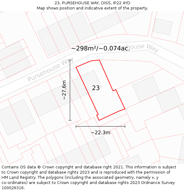 23, PURSEHOUSE WAY, DISS, IP22 4YD: Plot and title map