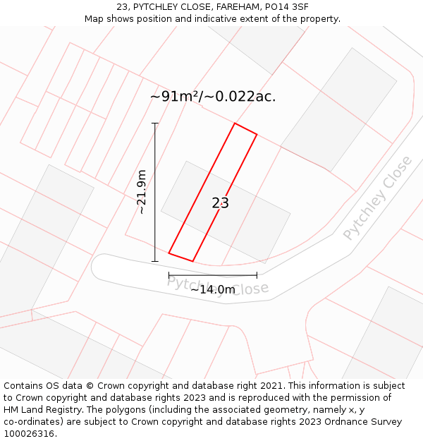 23, PYTCHLEY CLOSE, FAREHAM, PO14 3SF: Plot and title map