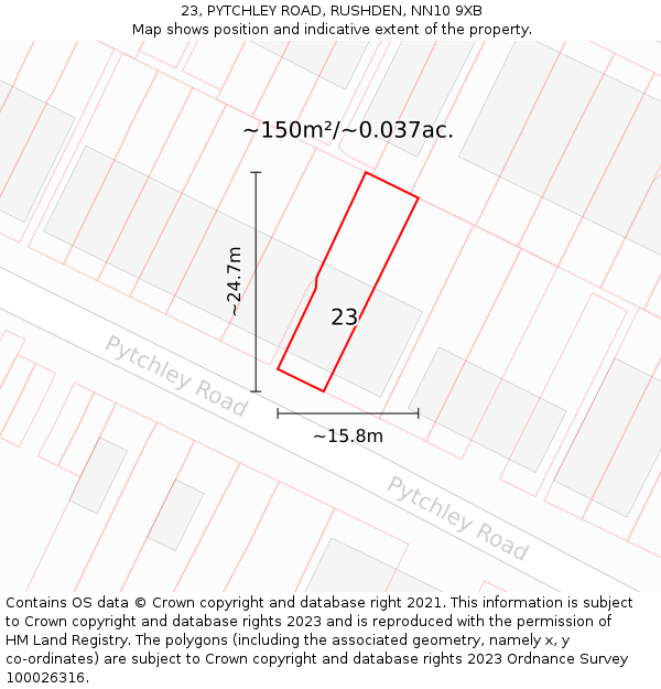 23, PYTCHLEY ROAD, RUSHDEN, NN10 9XB: Plot and title map