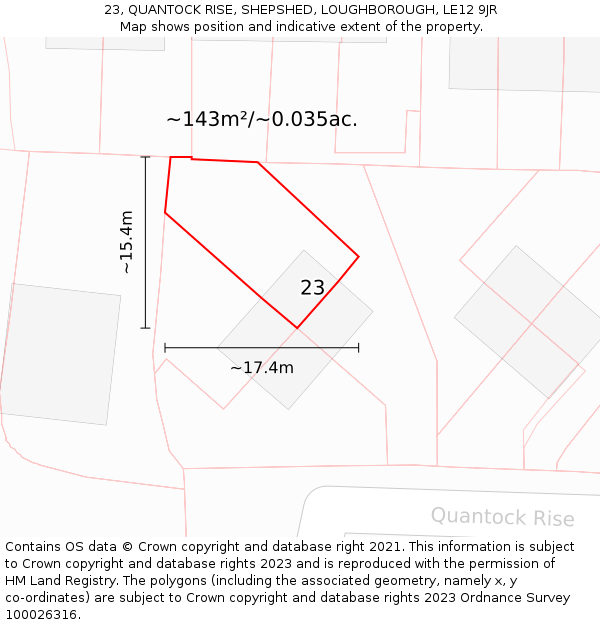 23, QUANTOCK RISE, SHEPSHED, LOUGHBOROUGH, LE12 9JR: Plot and title map