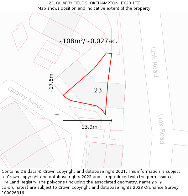 23, QUARRY FIELDS, OKEHAMPTON, EX20 1TZ: Plot and title map