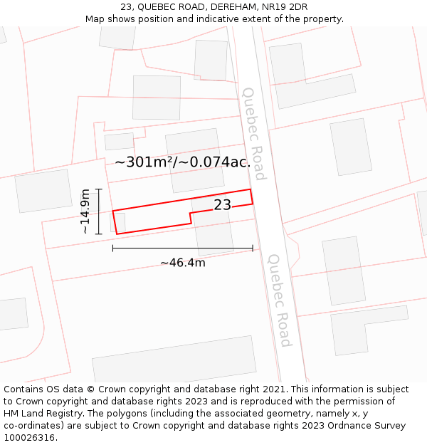 23, QUEBEC ROAD, DEREHAM, NR19 2DR: Plot and title map