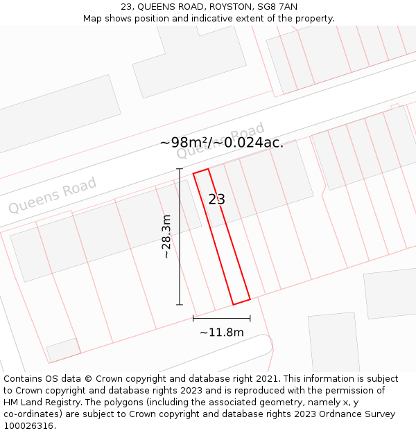 23, QUEENS ROAD, ROYSTON, SG8 7AN: Plot and title map